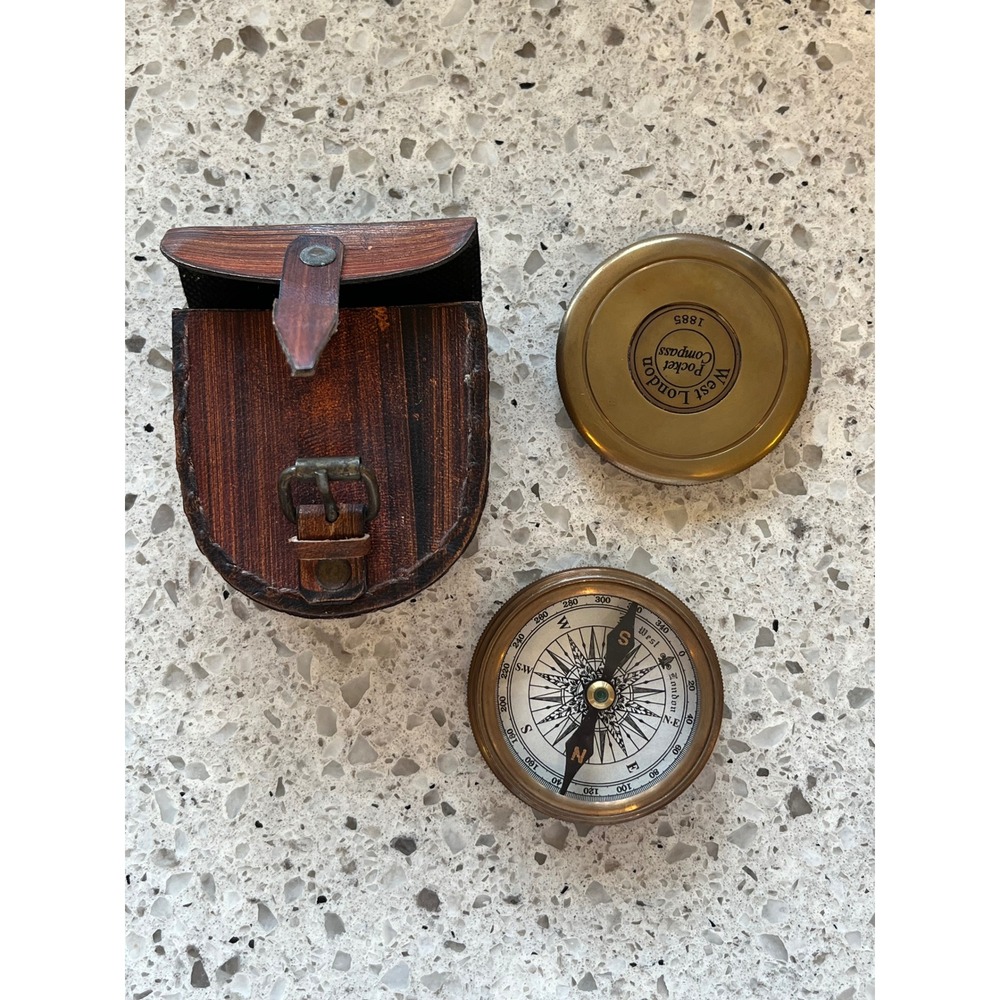 Vintage West London Pocket Compass 1885 Brass Nautical Decor with Leather Case